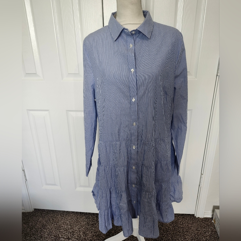 Blue Stripe Button-Front Tiered Shirt Dress